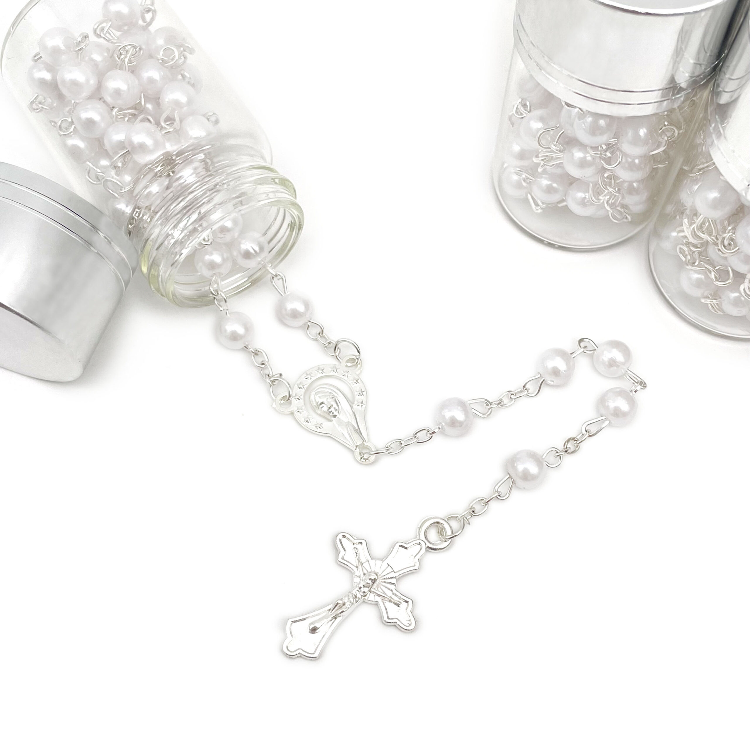 Baptism Our Lady of Guadalupe Pearl Rosaries In Glass Jar Bottle Recuerdos de Bautizo First Communion sweet 15 Birthday Party Favor